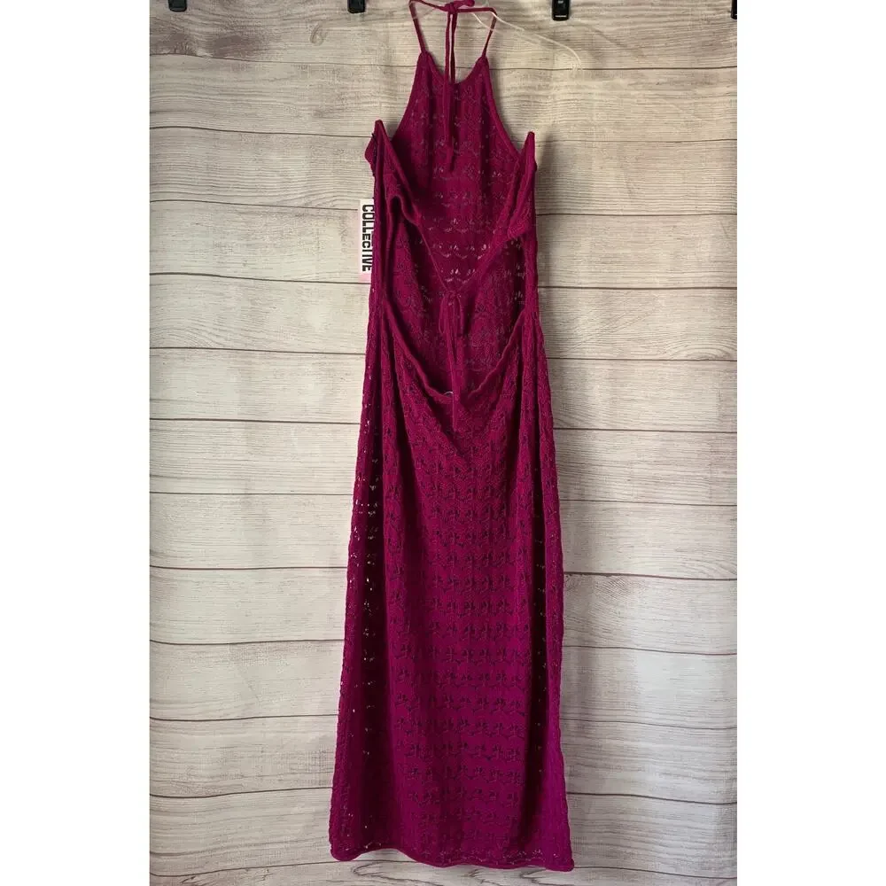 Future Collective Pink Midi Dress Halter Tie Neck Open Knit Crochet Size XL